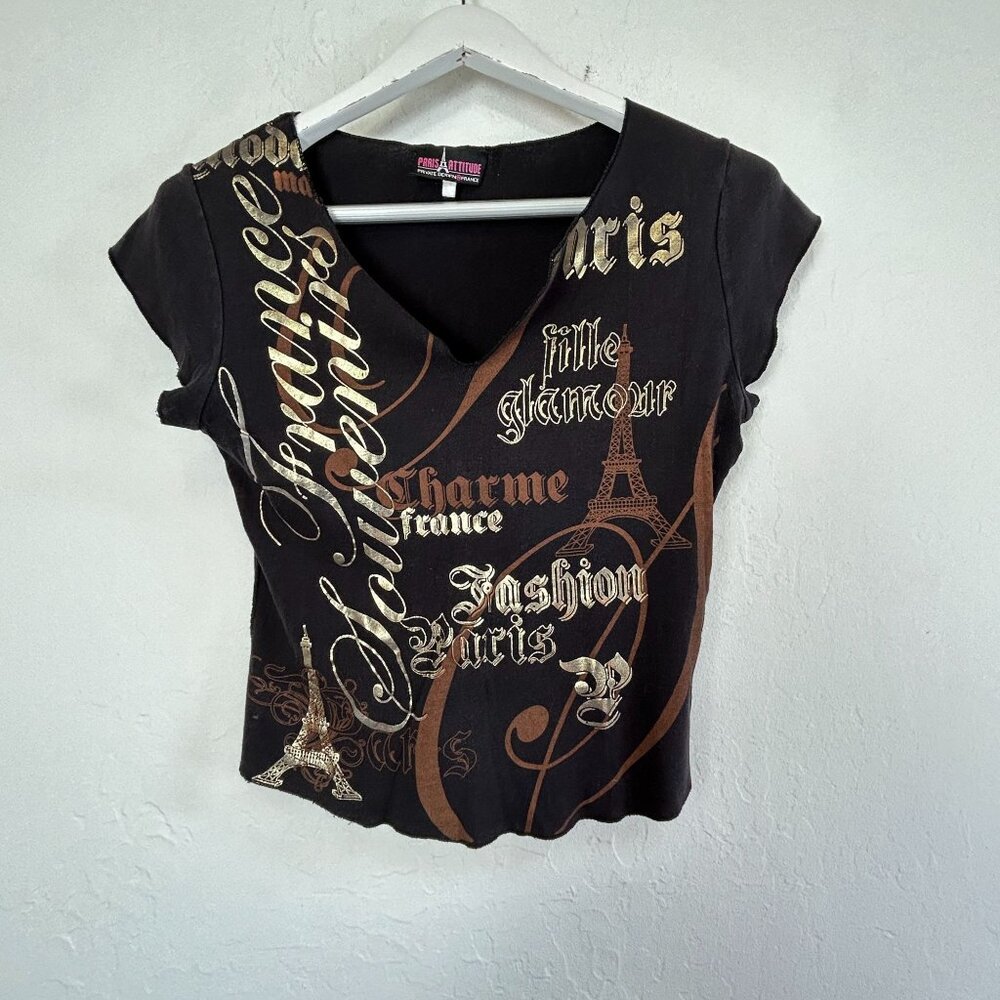 Paris Attitude Womens Parisian Text & Eiffel Tower Graphic Top Size 2 Black
